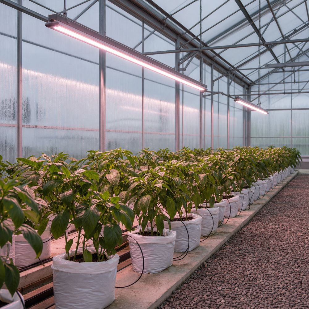 Illustration of linear LED grow light fixtures suspended from steel greenhouse trusses by taut cables above rows of pepper plants growing in white grow bags, with drip irrigation tubing along each row