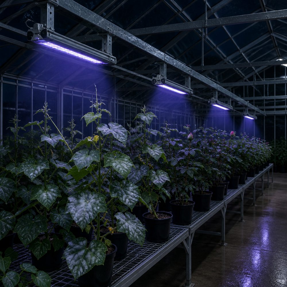 温室夜间示意图：顶部轨道安装的蓝紫色 UV LED 处理灯具位于盆栽黄瓜与玫瑰上方，部分叶片带有白色粉状真菌病斑