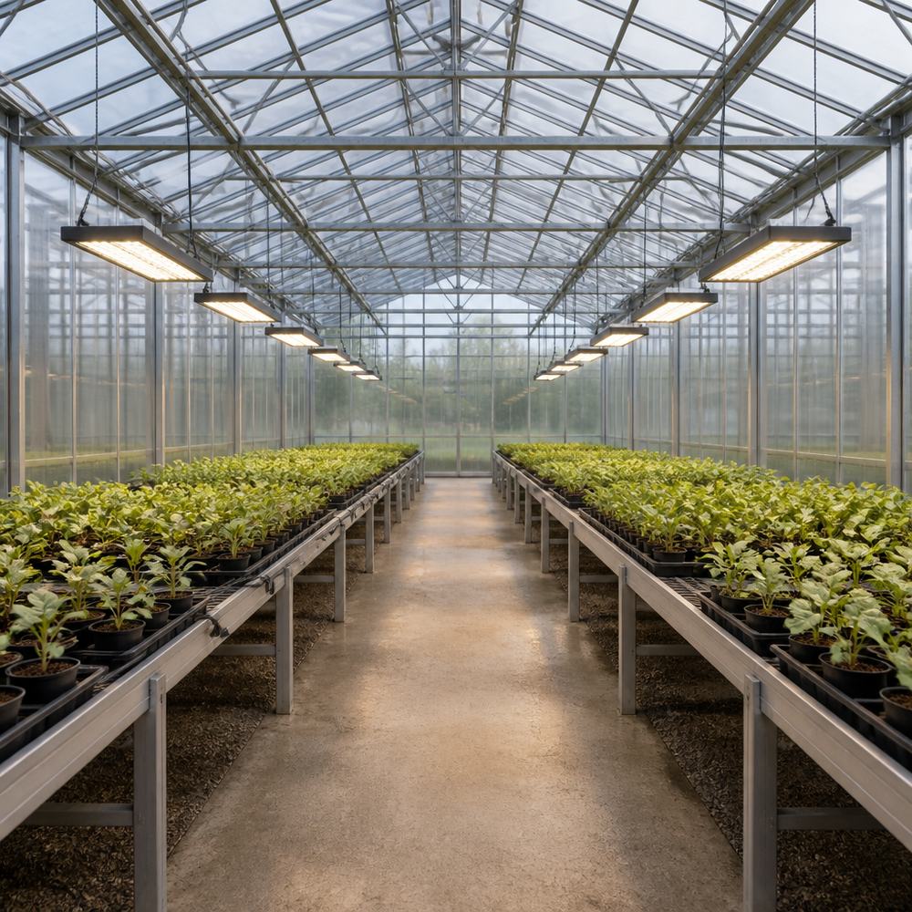 Commercial greenhouse interior with LED supplemental lighting fixtures suspended above benches of young potted plants, daylight coming through the glass roof