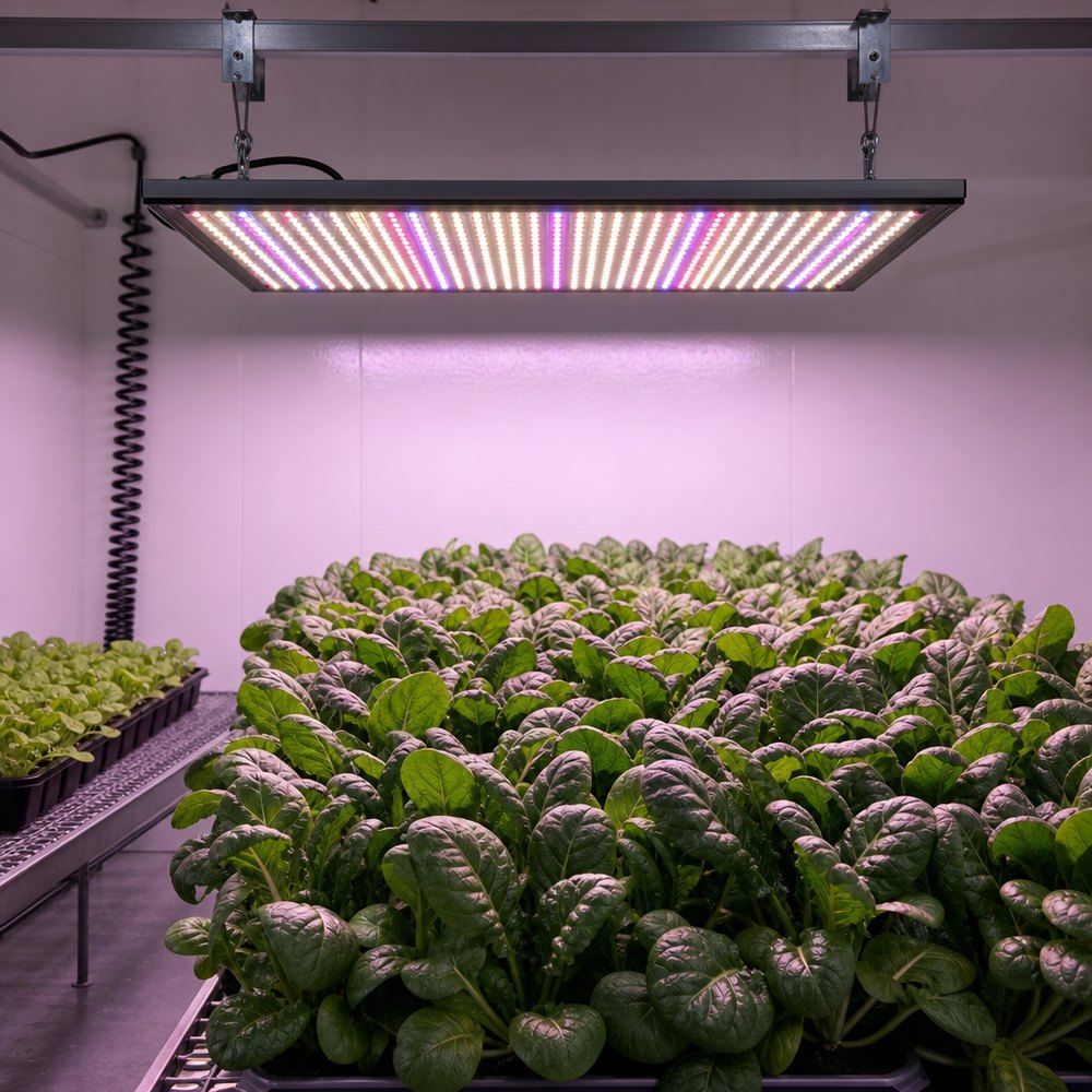 An indoor grow room with a full-spectrum LED panel mounted above a dense leafy crop canopy, lit by the fixture itself