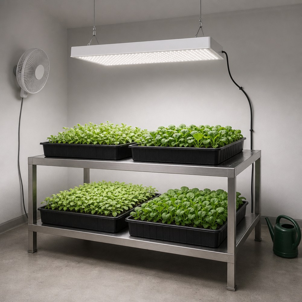 白色 LED 植物灯吊装在室内种植间天花板上，下方两层不锈钢架上摆放着四盘绿色叶菜幼苗