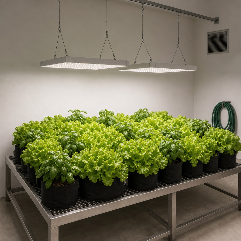 Illustration of two rectangular LED grow light panels suspended from a ceiling rail above a bench of lettuce and basil plants, with light falling straight down onto the canopy