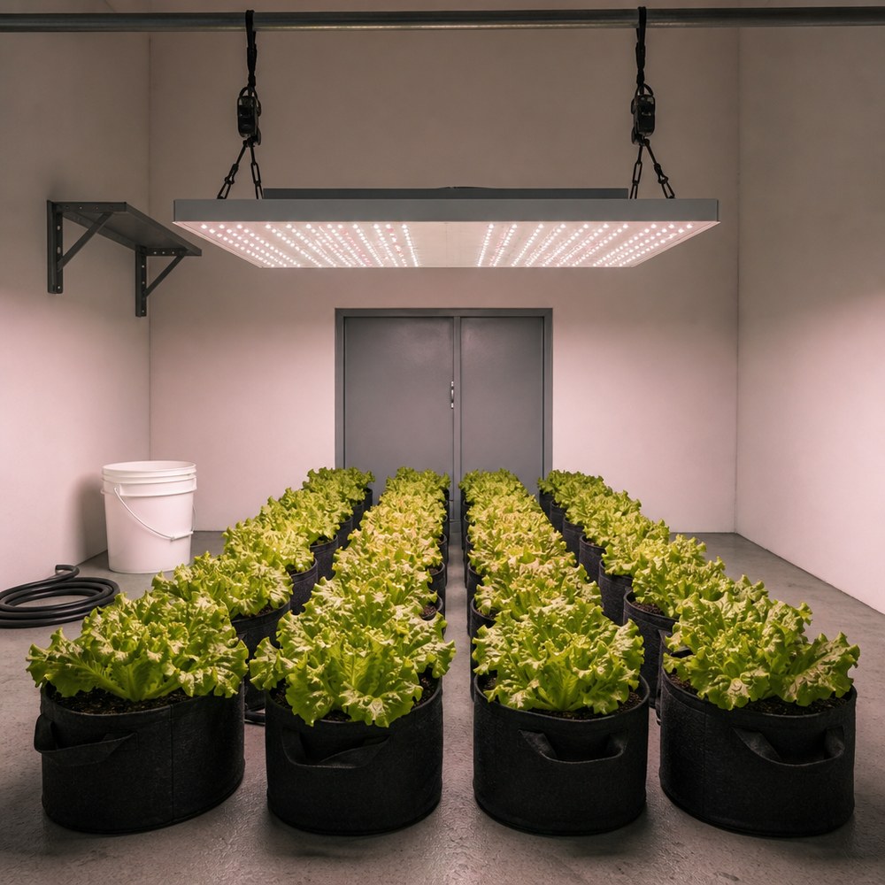 室内种植间内,深色种植袋中的生菜成排摆放在地面,上方悬挂一块矩形 LED 植物生长灯板