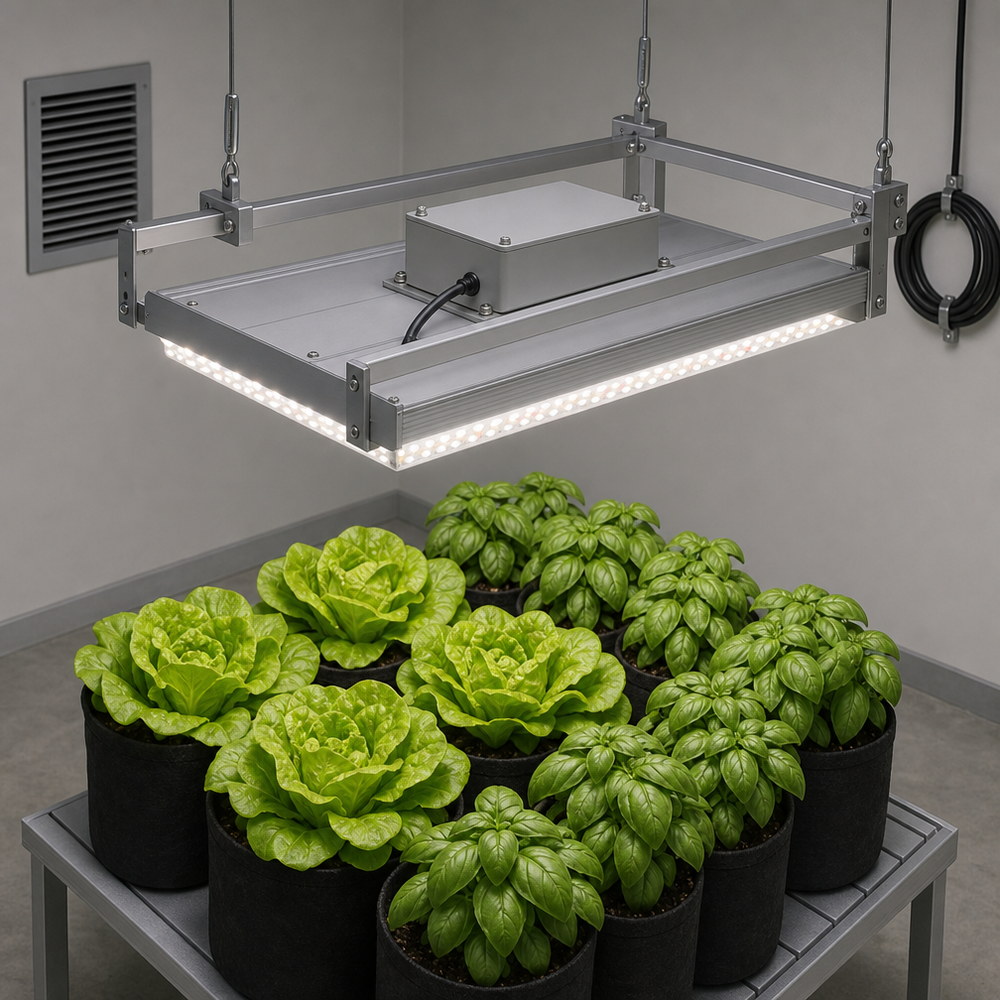 室内种植场景示意图：矩形 LED 植物灯板安装在刚性吊装框架上，顶面用螺栓固定着素面控制装置外壳，下方是生菜与罗勒冠层