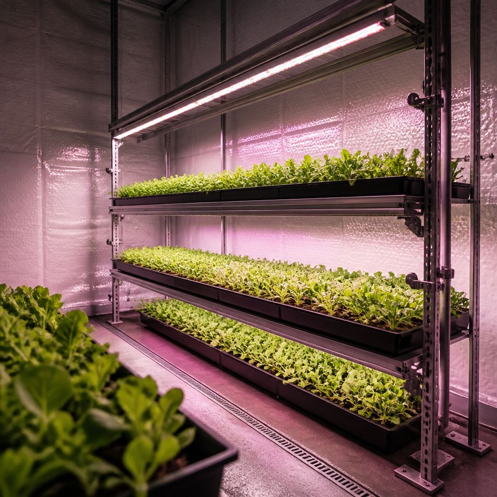 Illustration of leafy lettuce seedlings growing in propagation trays on a multi-tier rack under long full-spectrum LED grow light bars in an indoor growth chamber