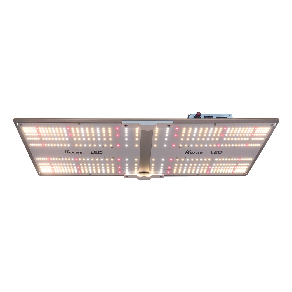 从出光面拍摄的条状 LED 植物灯，白色金属基板上排列着成排的白色与红色灯珠，框架后缘可见电源盒