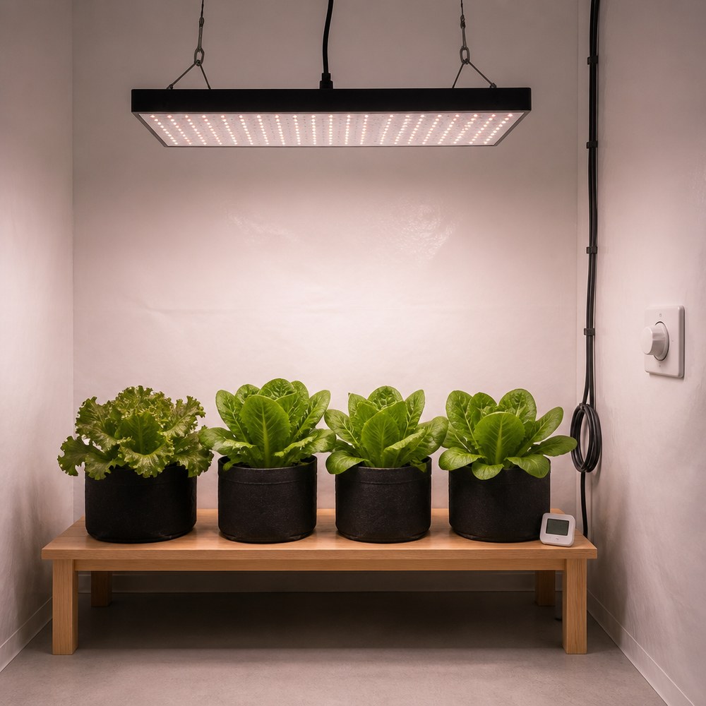 Illustration of an indoor grow room in which a single rectangular LED grow light panel, hung on wires above four leafy plants in fabric pots, is running at a reduced brightness with a wall-mounted dimmer dial visible on the right wall