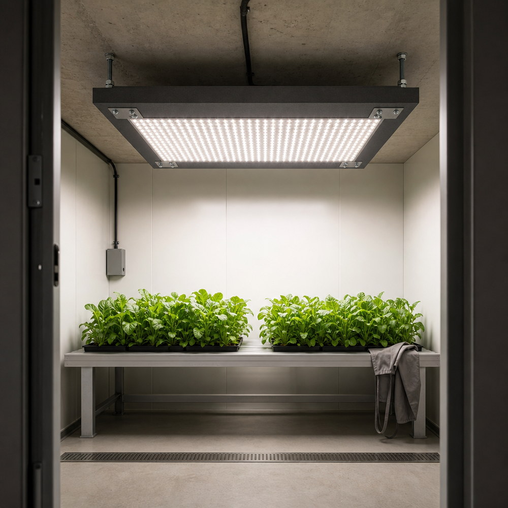 A grow room viewed from an open doorway at standing eye level, with a brightly glowing LED grow light panel bolted flat to the ceiling frame above two rows of leafy green plants