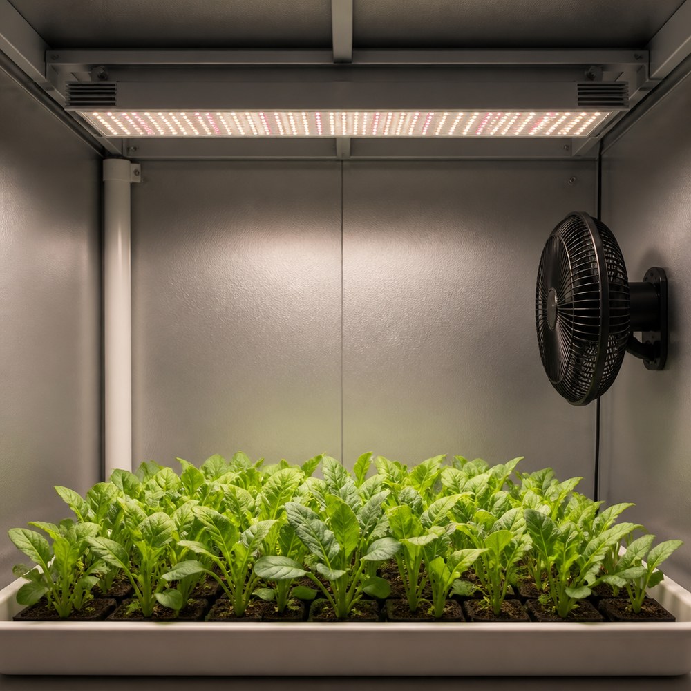 Illustration of an indoor grow room with a ceiling-mounted LED grow light bar above young plants and a wall-mounted circulation fan moving air across the canopy