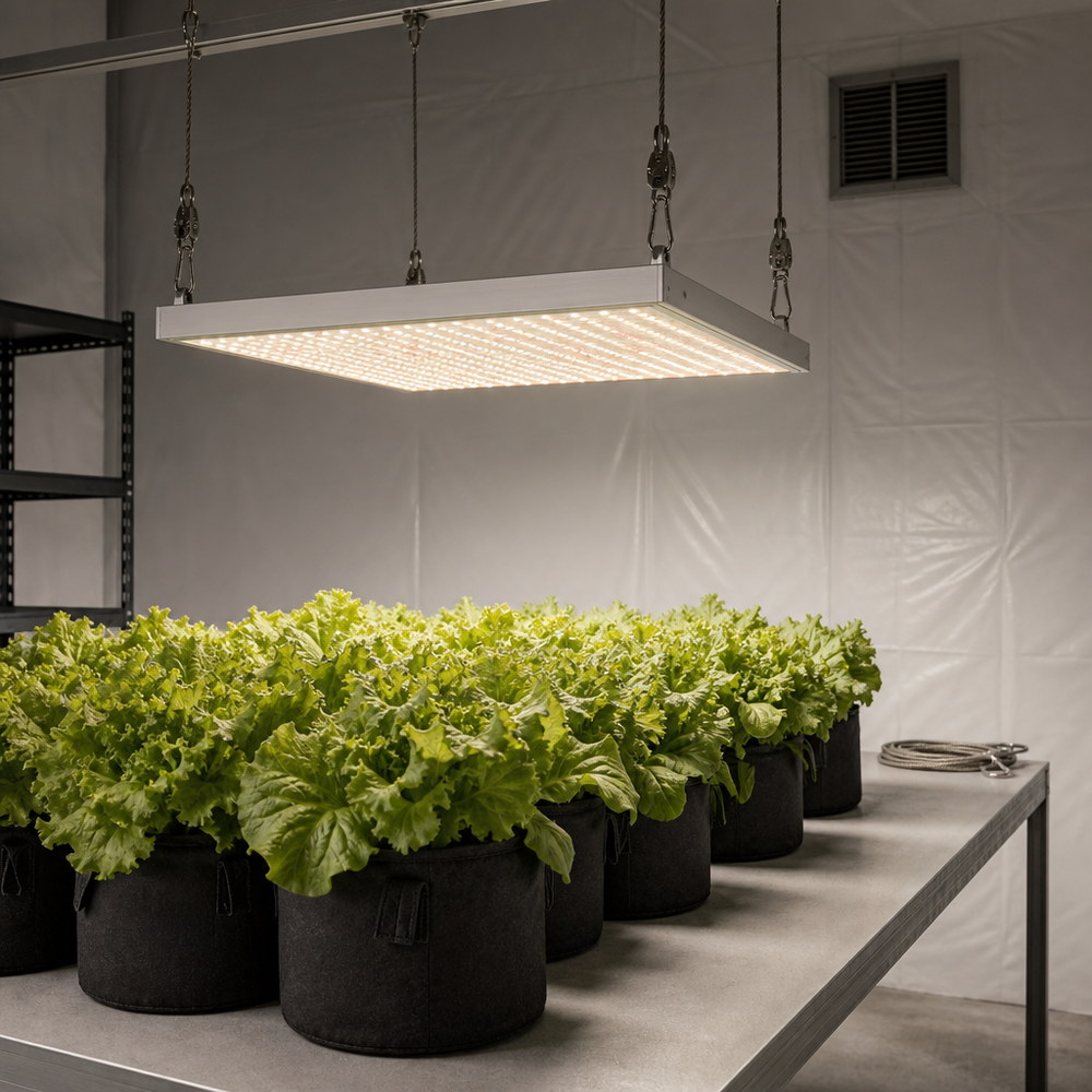 An LED grow light panel suspended by four steel cords from a ceiling rail above a dense canopy of leafy green plants, with an open air gap visible between the glowing panel and the top leaves