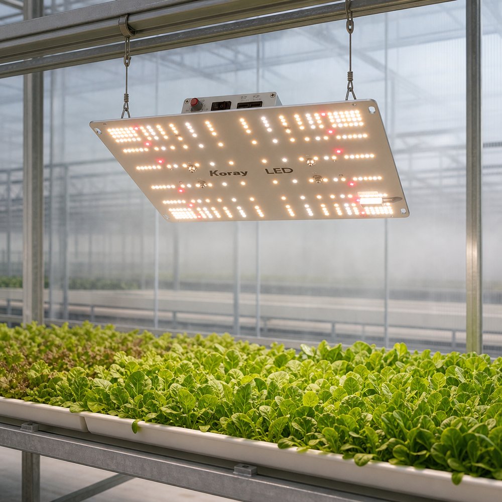 示意图：白色 LED 植物生长灯面板通过钢丝吊挂在玻璃温室内，下方是种满叶菜幼苗的苗床