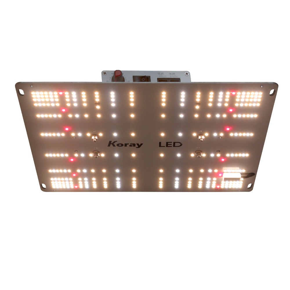 实拍照片：白色 LED 植物生长灯面板，面板上密布全光谱灯珠，上边缘为集成驱动电源盒