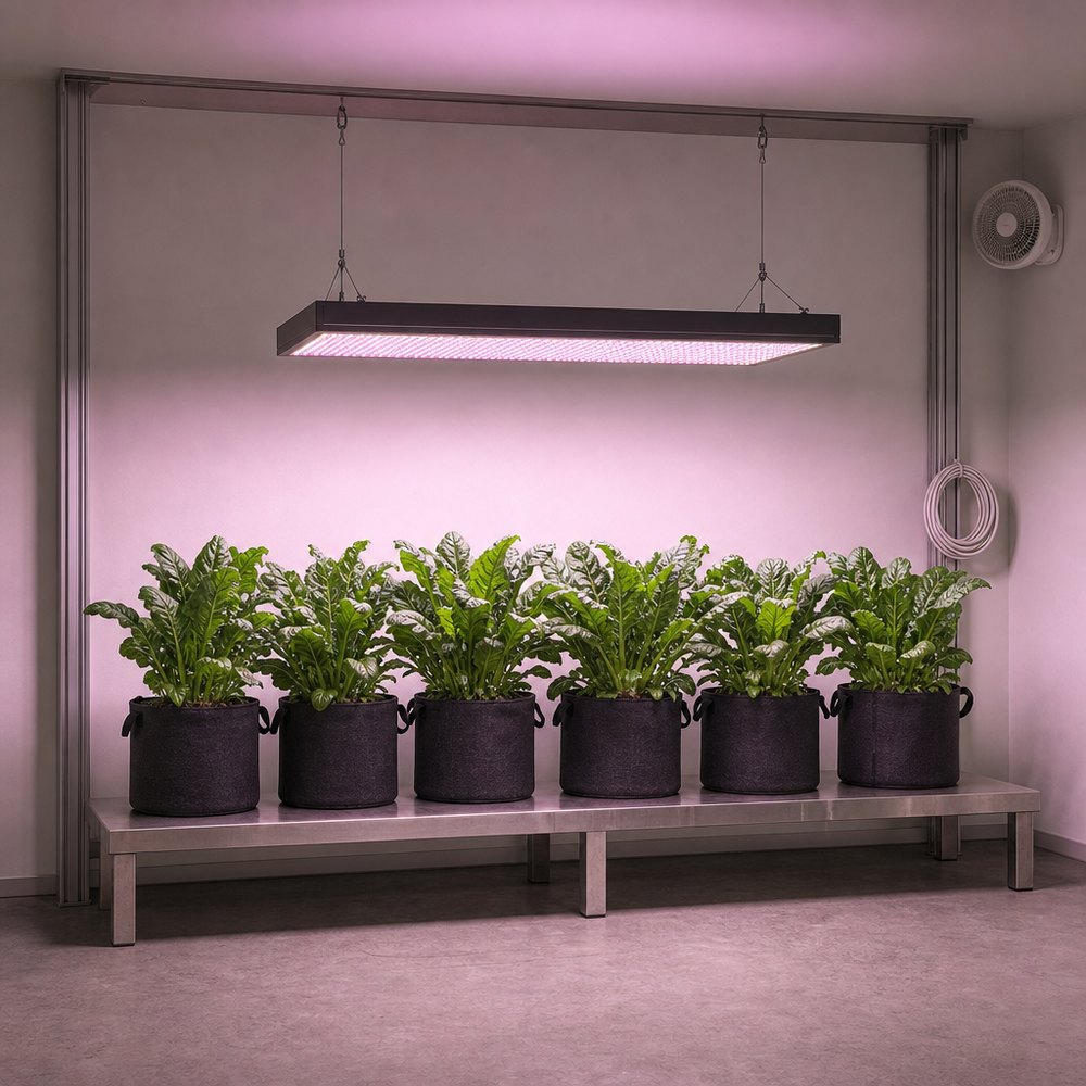 室内种植间中，一盏长方形 LED 植物生长灯面板由吊线悬于六个黑色无纺布种植袋的绿色叶菜上方，配不锈钢种植台