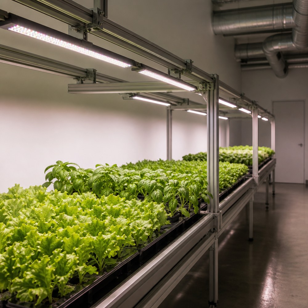 Indoor grow room with slim LED bar fixtures mounted on an aluminium frame above a bench of lettuce and basil seedlings