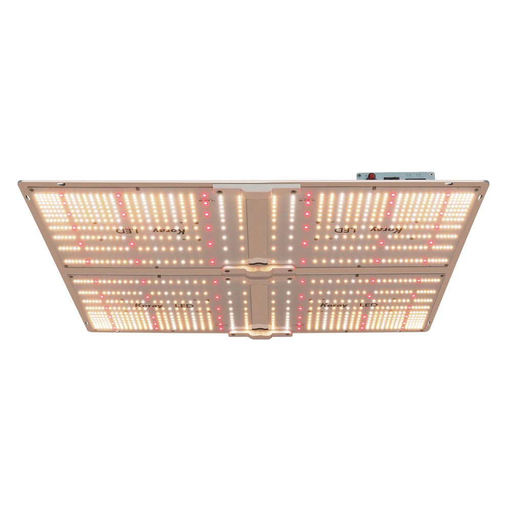 Array-panel LED grow light photographed from the emitting side, showing rows of white and red diodes, the white metal board and the central mounting bracket with the driver housing at the rear edge