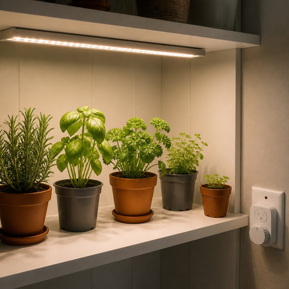 室内种植场景示意图：墙面插座上插着智能定时器，旁边层架上的香草盆栽由层板下方的 LED 植物灯条照射