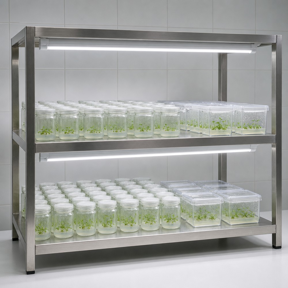Illustration of a plant tissue culture room with shelves lined with clear glass vessels holding plantlets in agar, lit by white LED tube lights mounted under the shelf above