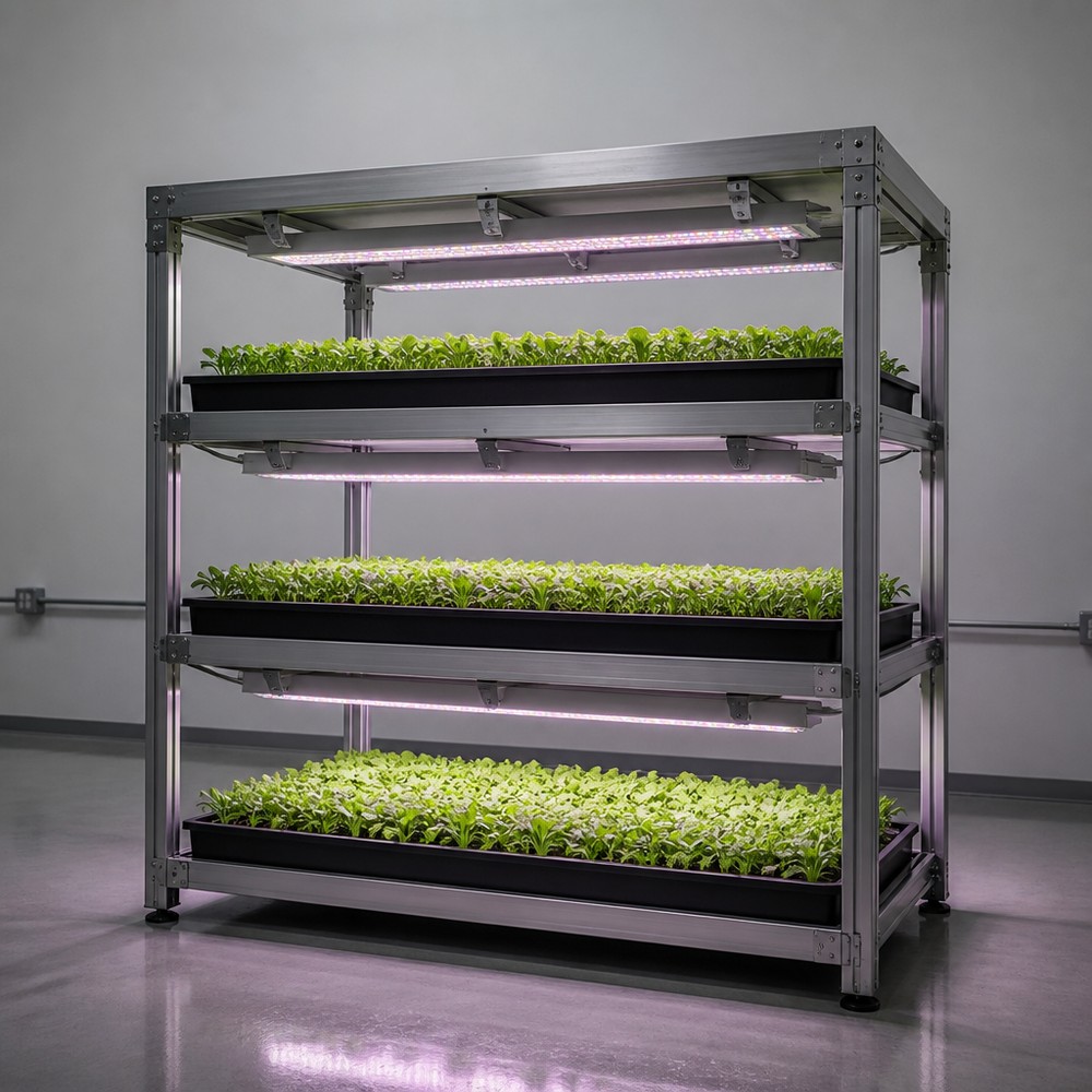 Illustration of a three-tier indoor vertical farm rack with linear LED grow light bars mounted under each shelf, illuminating trays of leafy green seedlings