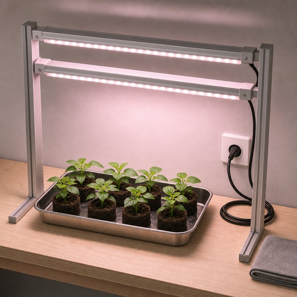 两根 LED 植物生长灯管经铝型材支架安装在木质工作台的幼苗托盘上方，黑色电源线盘绕并接入墙面插座