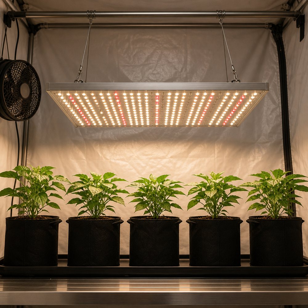 Indoor grow tent interior with a rectangular LED grow light panel above young leafy plants, warm white light from the panel mixed with the red glow of dedicated diodes