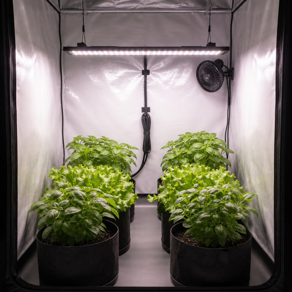 反光种植帐篷内部示意图：一根横向 LED 植物灯条悬挂在两排种植袋上方，哑光白色反光侧墙把光横向反射到下部叶片上