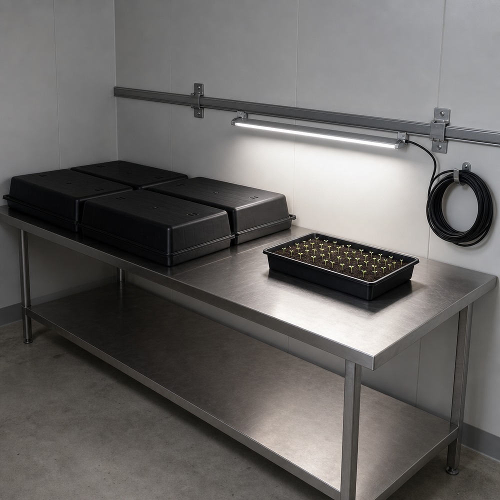Propagation room bench with closed blackout germination domes on the left in an unlit zone and an open seed tray on the right under a low-intensity white LED strip mounted on a wall rail
