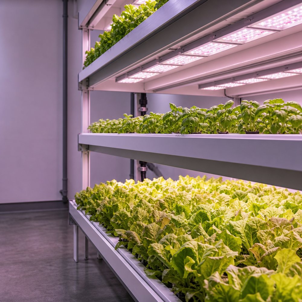 Multi-tier indoor vertical farm racks with leafy green seedlings under pink-white LED modules fixed below each shelf