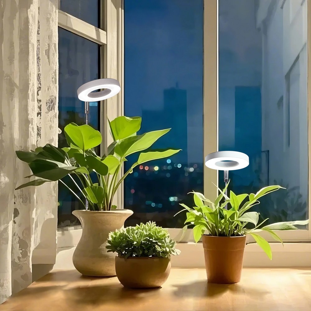 室内种植区里两盏 LED 环形植物灯照射下的盆栽植物实景