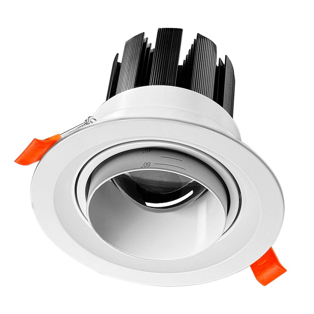 Close-up of a white LED luminaire with black finned heat sink and an orange cable gland