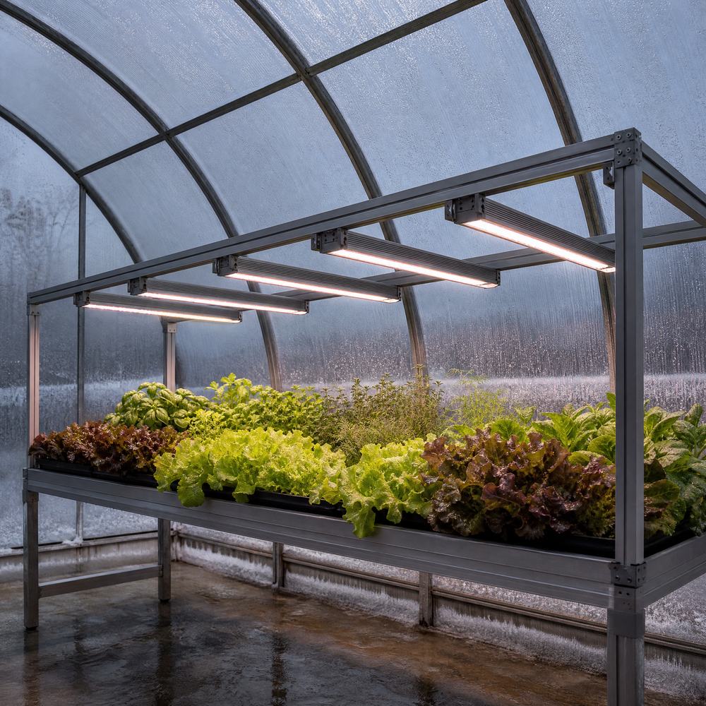 示意图：未加温温室中生菜种植台上方的 LED 植物灯条，棚膜表面有凝结水珠
