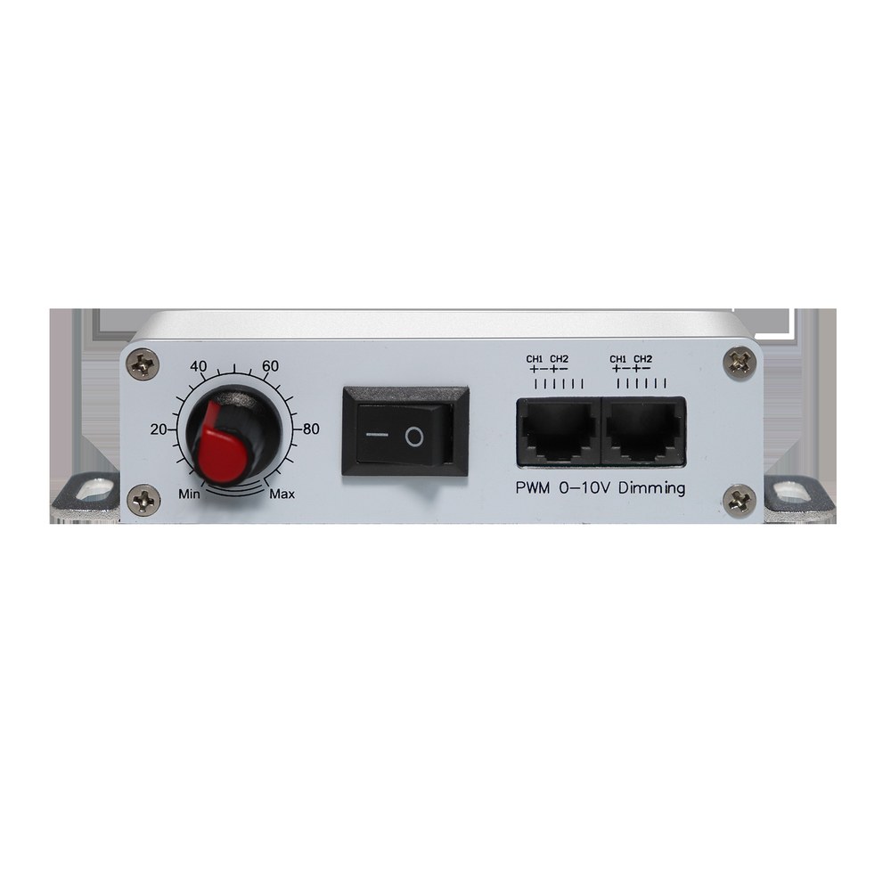 Front panel of a two-channel LED dimmer with a red rotary knob, a rocker switch and two output ports marked PWM 0-10V dimming