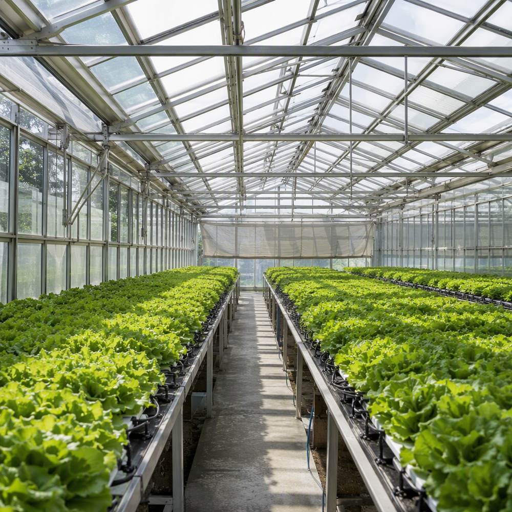 Illustration of a glass greenhouse interior with bright diffuse daylight coming through the roof glazing and falling on benches of green lettuce, with glazing bars crossing the roof