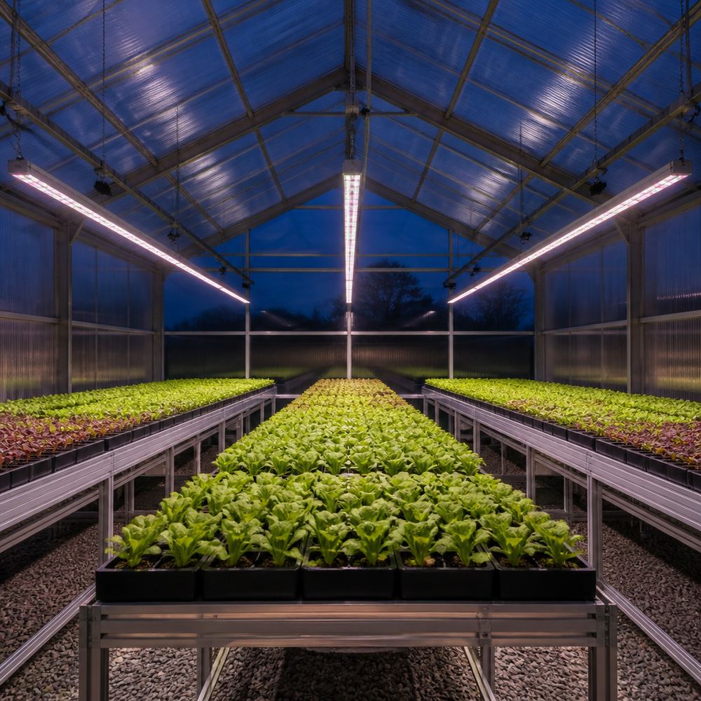 Illustration of a greenhouse propagation bay at dusk with three rows of linear LED bar grow lights suspended above trays of young lettuce seedlings, aluminium benches and a gravel floor.