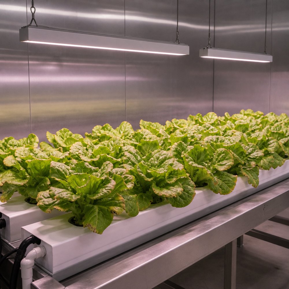 植物工厂不锈钢车间内，白色深液流栽培槽上种植的奶油生菜，上方悬挂两盏细长型 LED 植物灯条