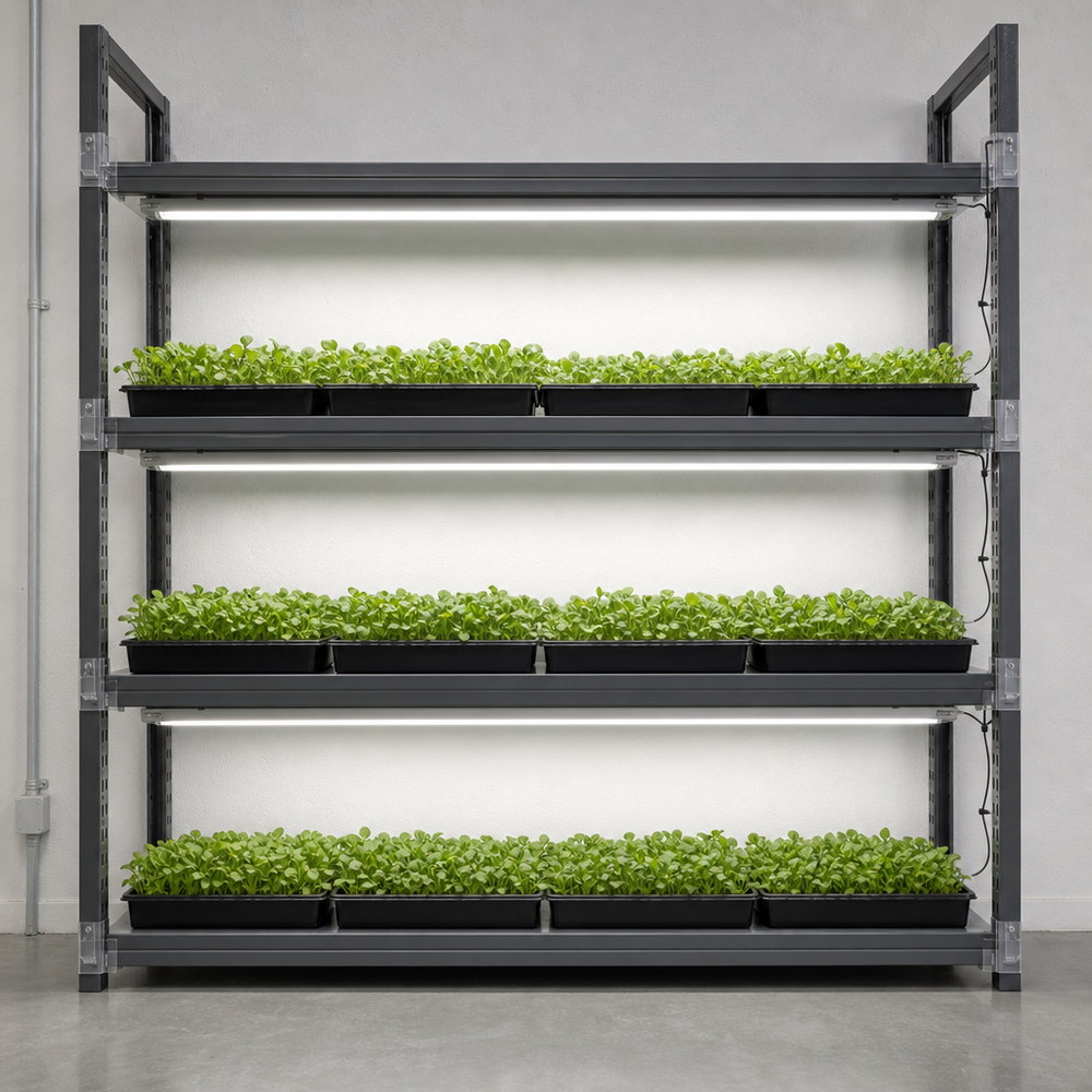 室内栽培间内，三层钢制栽培架每层上方装有一条线性 LED 植物生长灯条，每层架上是成排种在黑色浅盘里的叶菜苗，地面为灰色混凝土