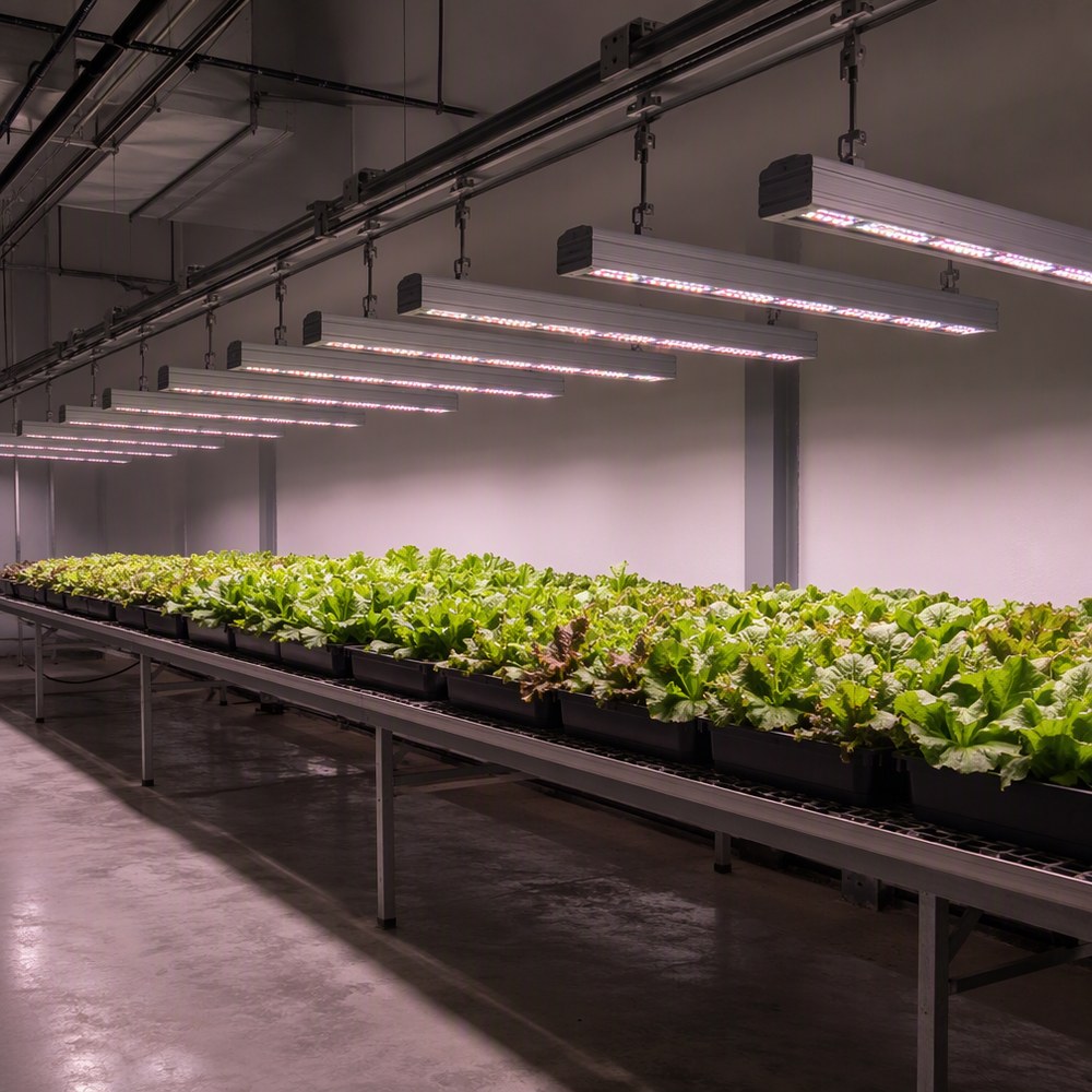 室内种植室内一排 LED 灯条通过金属吊架固定在植株台面上方，下方是叶菜