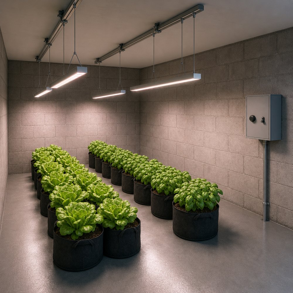 混凝土种植间内四根线性 LED 植物灯条由两根天花板导轨吊装，照亮两排种植袋中的生菜与罗勒，右墙装有灰色壁挂控制箱