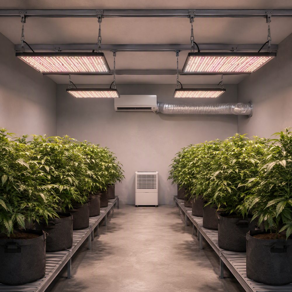 Indoor grow room with four LED quantum board fixtures mounted on ceiling rails, a wall-mounted air conditioner, insulated duct and plants in fabric pots on benches