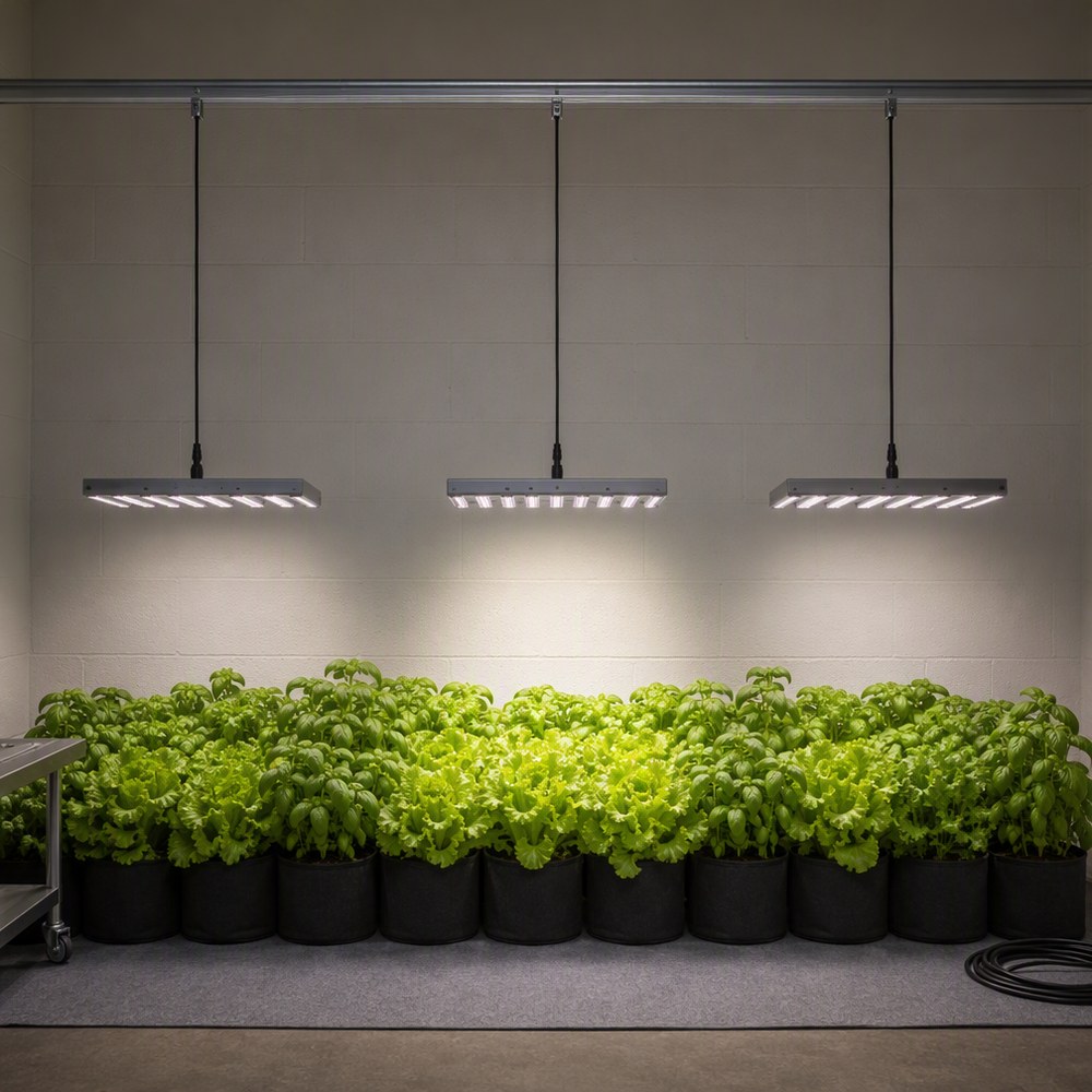 室内种植间里三条同款 LED 灯条等距吊装在导轨下方，地面一排布艺花盆中种植叶菜，中间灯条正下方光照更亮
