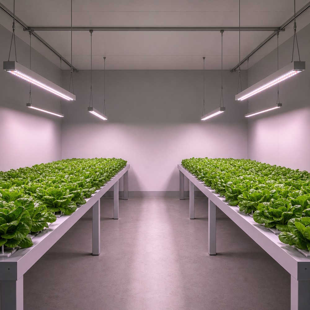 Indoor grow room with two rows of leafy green lettuce plants on benches lit by linear LED grow light bars hung from a ceiling rail, in a grey-walled room