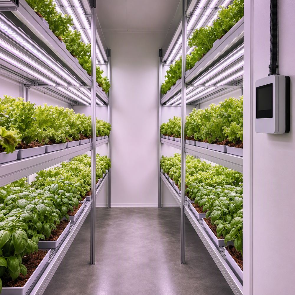 室内种植间的栽培走道，多层栽培架上种满生菜与罗勒，上方为条形 LED 植物灯，侧墙装有电能表