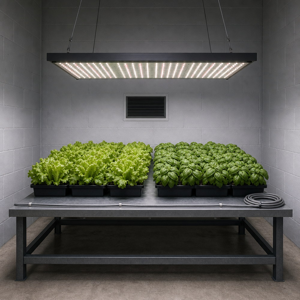 室内种植间内，一盏全光谱 LED 植物生长灯板由钢索吊挂在灰色砌块墙房间里的叶菜苗床上方，苗床上有生菜与罗勒苗
