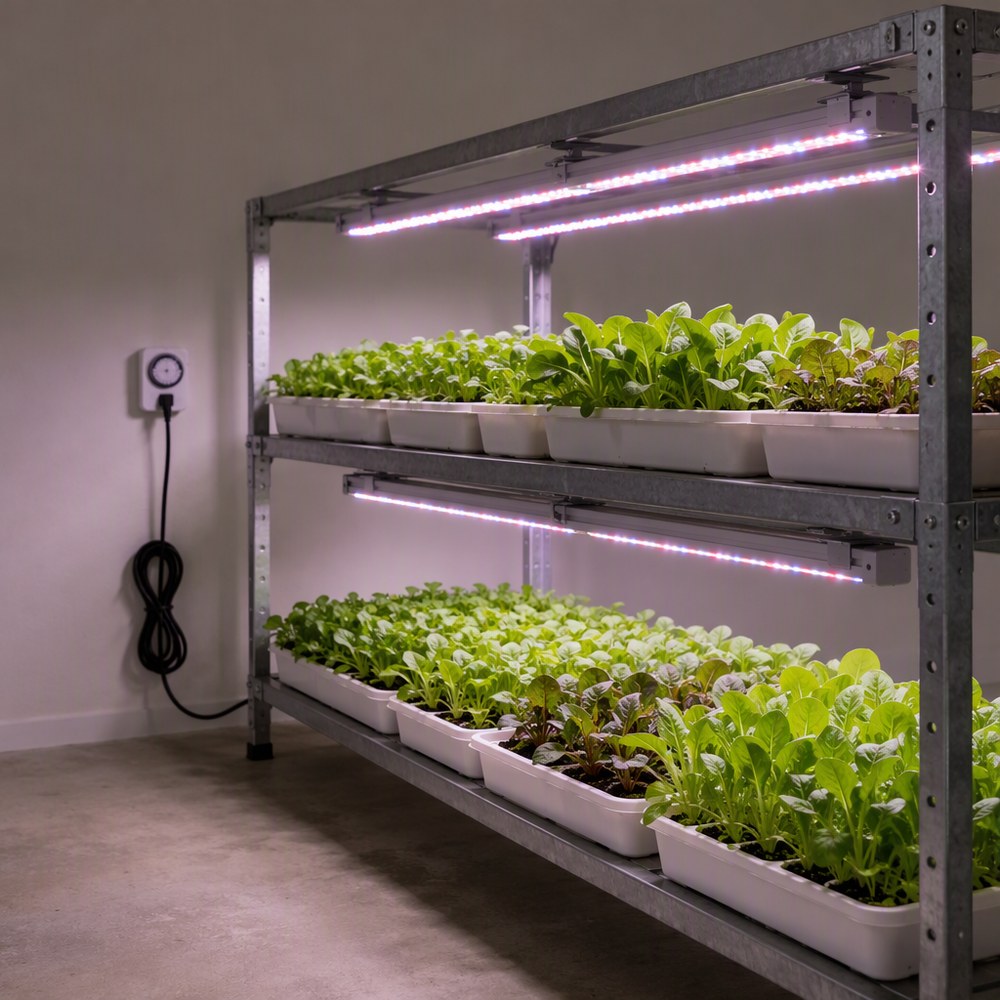 室内双层种植架示意图，架子上方装有 LED 植物灯条，苗盘里是叶菜幼苗，墙上有插入式定时器