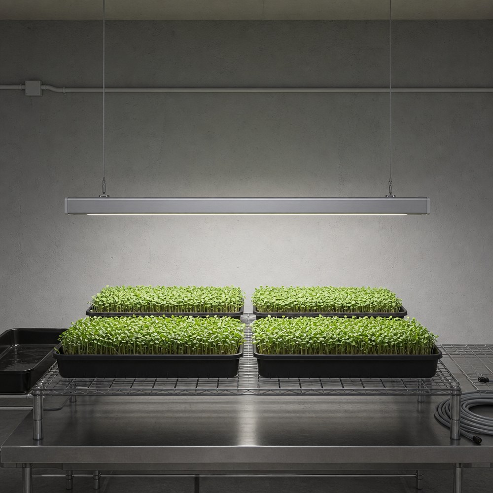 A single LED bar fixture suspended from an overhead rail above two rows of black propagation trays filled with dense green microgreens on a stainless steel wire rack