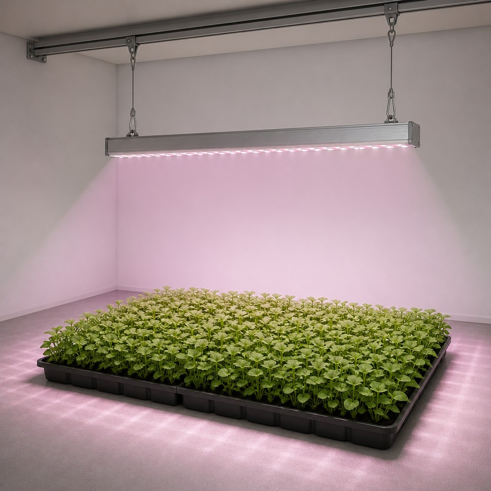 Illustration of a single linear LED grow light bar suspended by two hangers above a shallow tray of young seedlings, with a soft cone of light spreading over the whole tray
