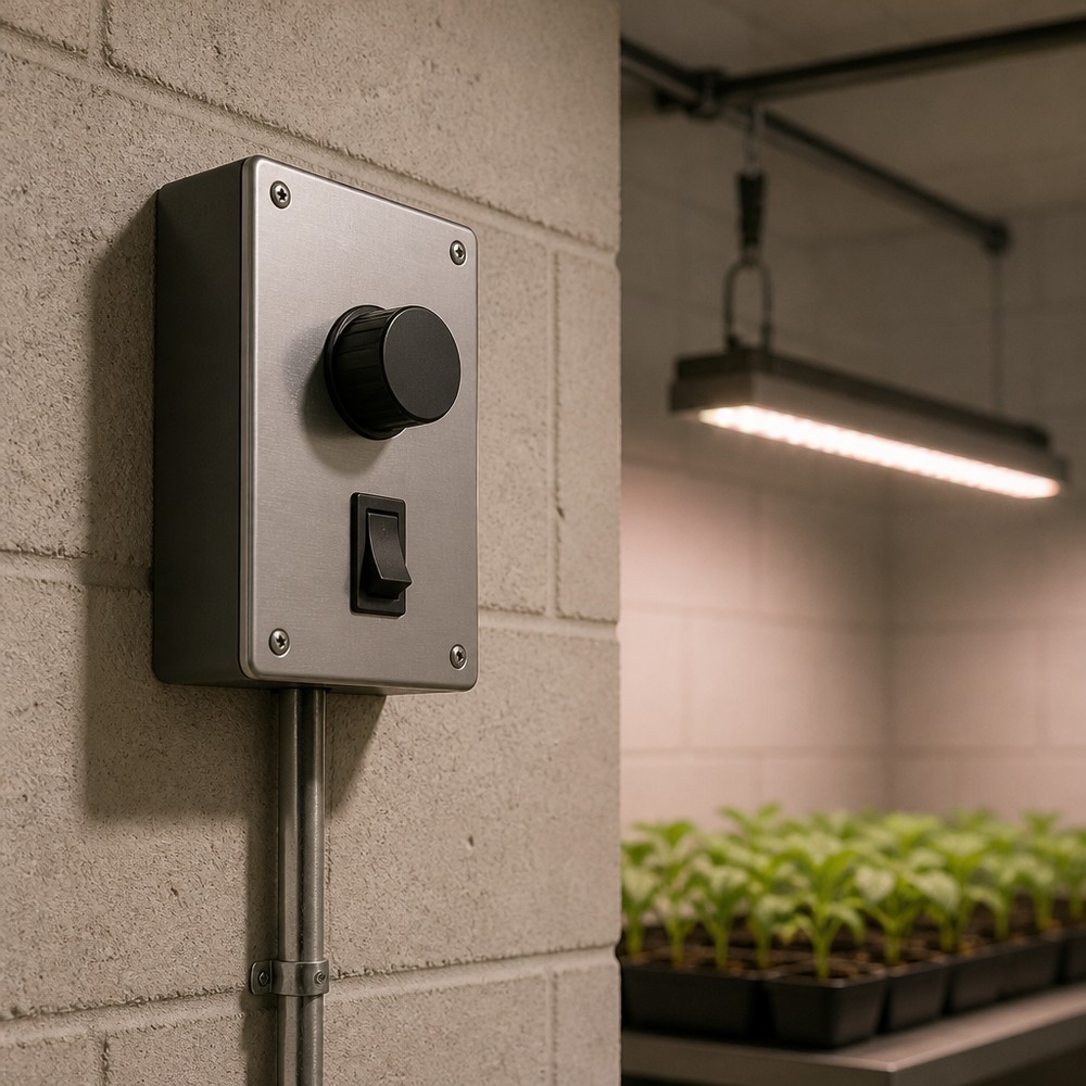 Grey wall-mounted dimming controller with a black rotary knob, a rocker switch and a metal conduit below it, on a concrete-block grow room wall, with an out-of-focus LED grow-light bar above seedling trays in the background