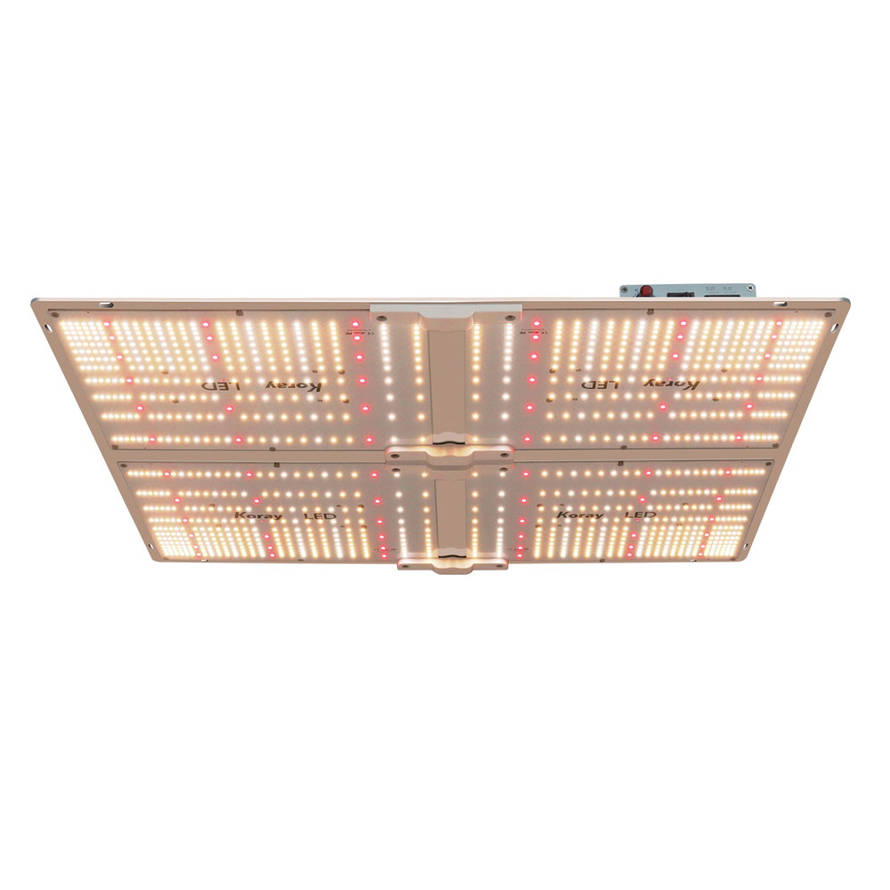 Four-section LED grow light panel with white and deep-red diodes on a silver aluminium frame, a dimming dial and channel connectors on the control box