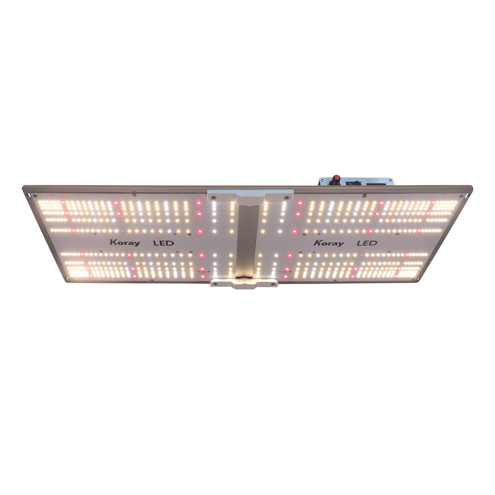 Two-section LED grow light panel with white and deep-red diodes, a red dimming dial and a rocker switch on the control box