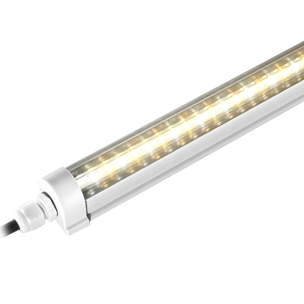 Studio photograph of an XineLam LED grow light tube with a clear lens and power cable, lit against a white background