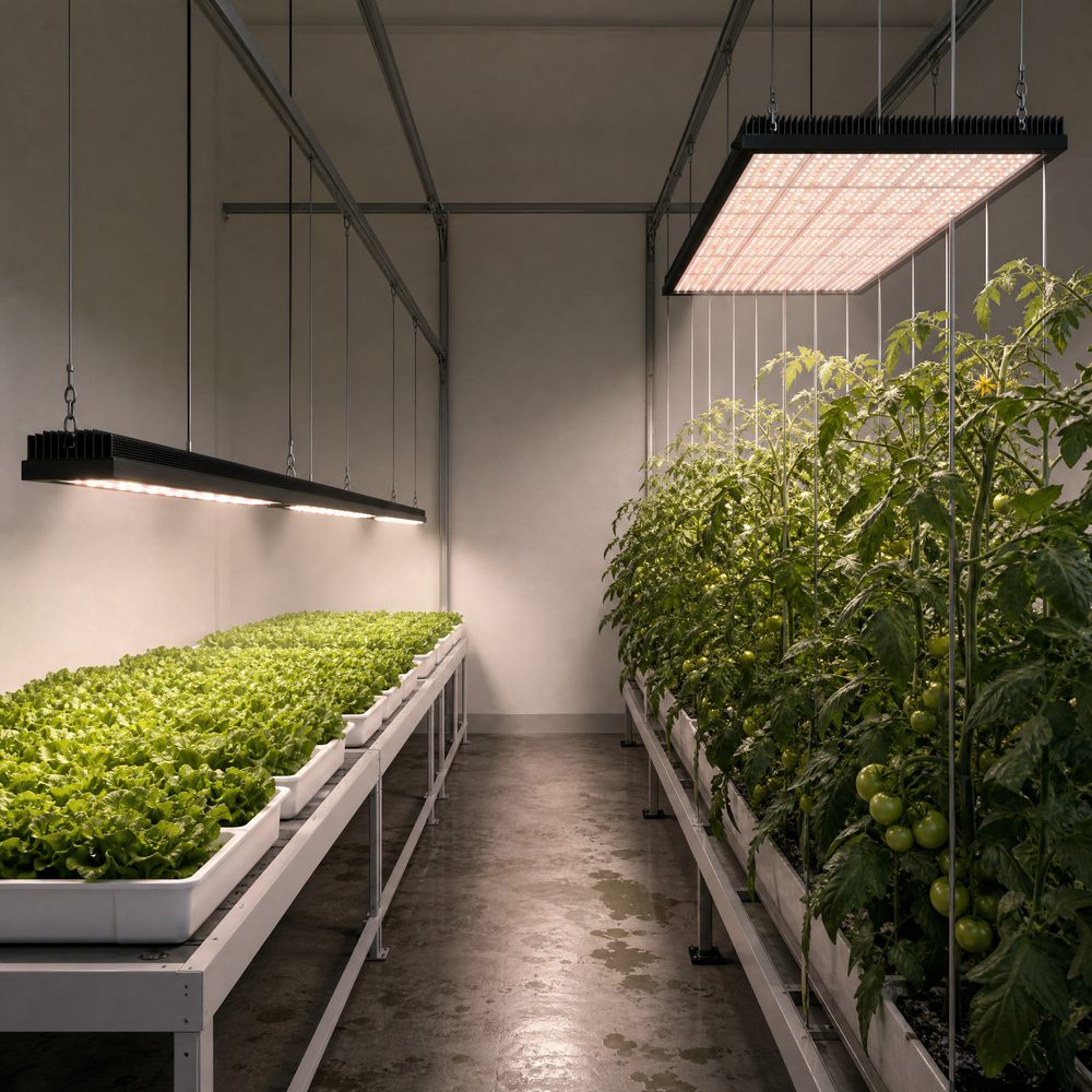 Illustration of a narrow indoor growing room with two crop zones: shallow white trays of lettuce seedlings under a long linear LED bar on the left, and tall staked tomato plants with green fruit under a rectangular LED panel on the right.